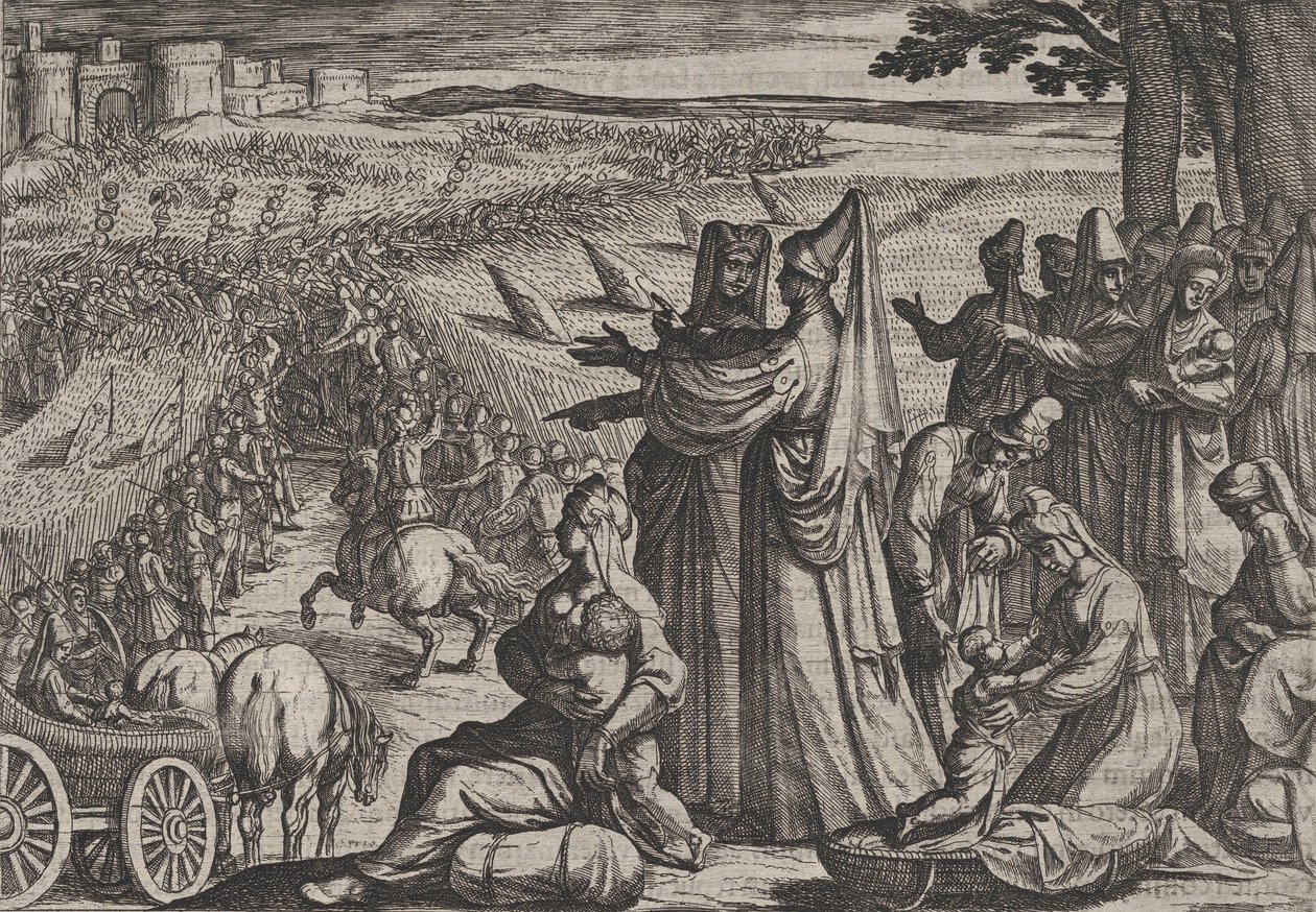 Placa 8: Mujeres y niños observan a Civilis luchando contra los romanos, de La guerra de los romanos de Antonio Tempesta