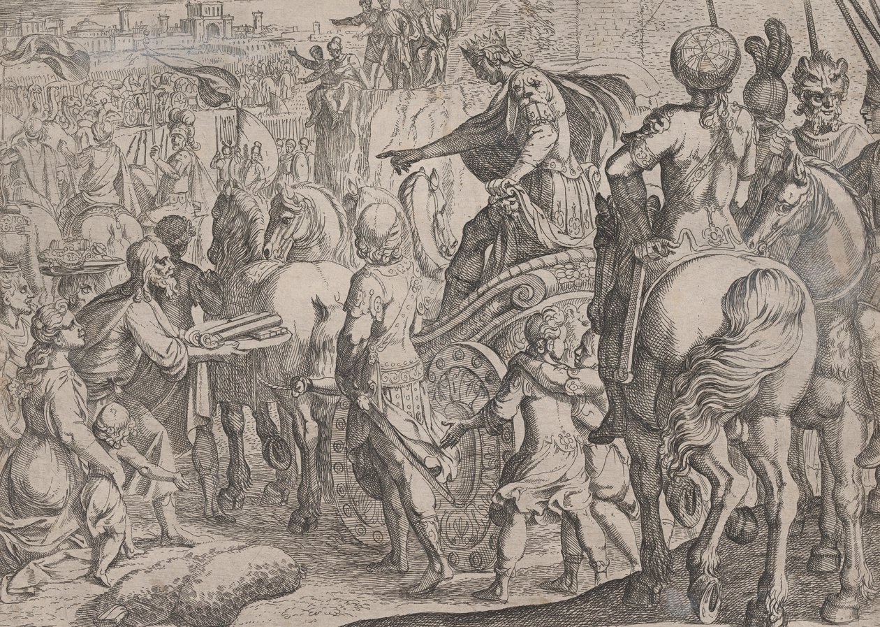 Placa 9: Entrada triunfal de Alejandro en Babilonia, de Los hechos de Alejandro Magno, 1608 de Antonio Tempesta