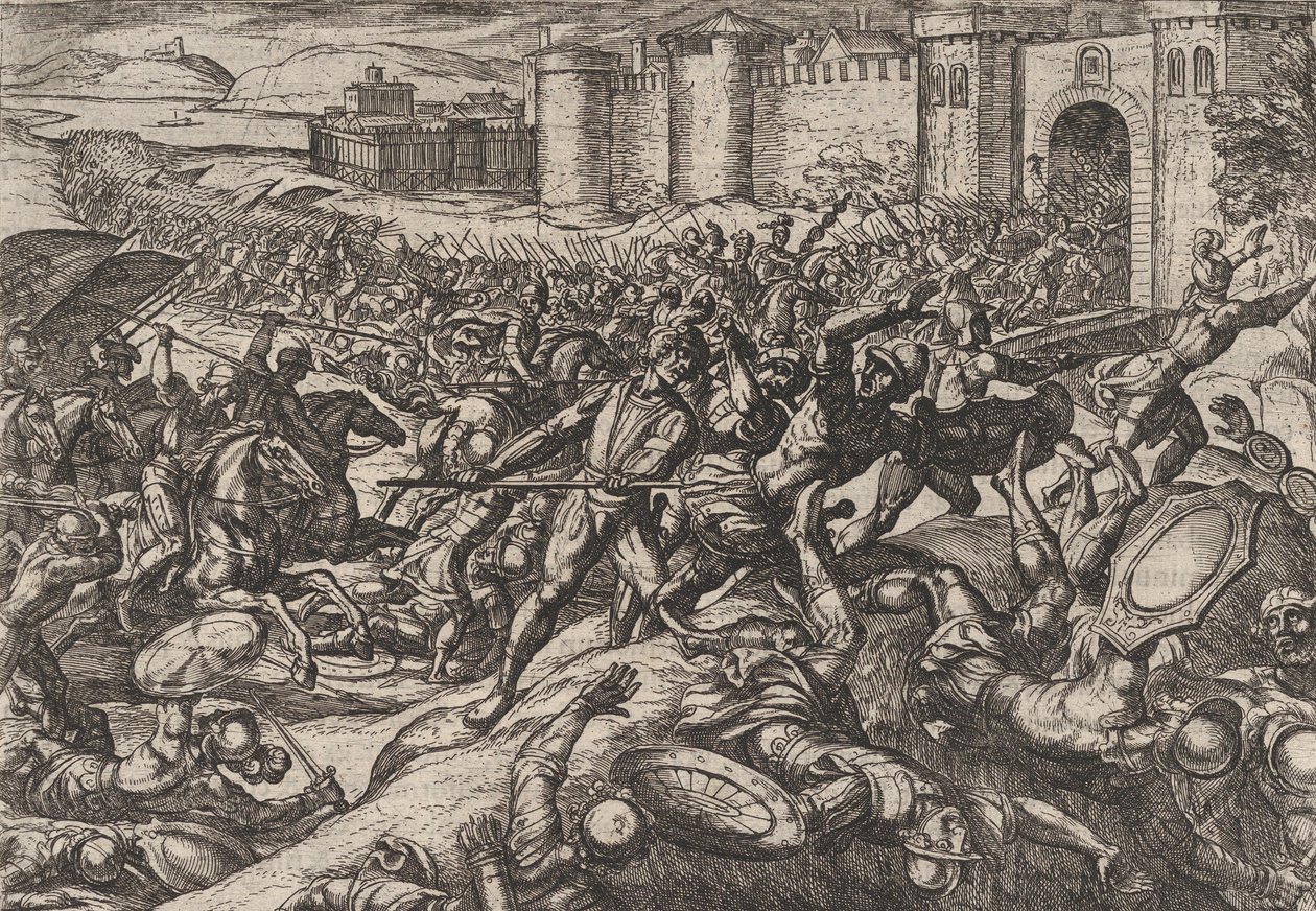 Placa 9: Los romanos derrotados por las tropas holandesas en Bonna, de La guerra de los romanos contra..., 1611 de Antonio Tempesta
