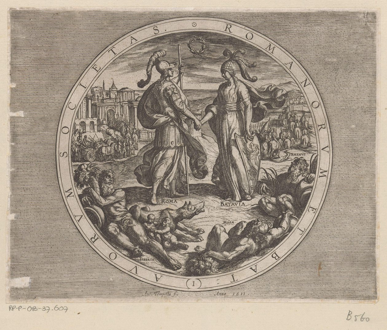 Roma en Batavia schudden elkaar de hand Sociedad de los romanos y los holandeses (título sobre el objeto) De Bataafse oorlogen tegen de Romeinen (título de la serie) Batalla de los holandeses con los romanos (título de la serie) de Antonio Tempesta