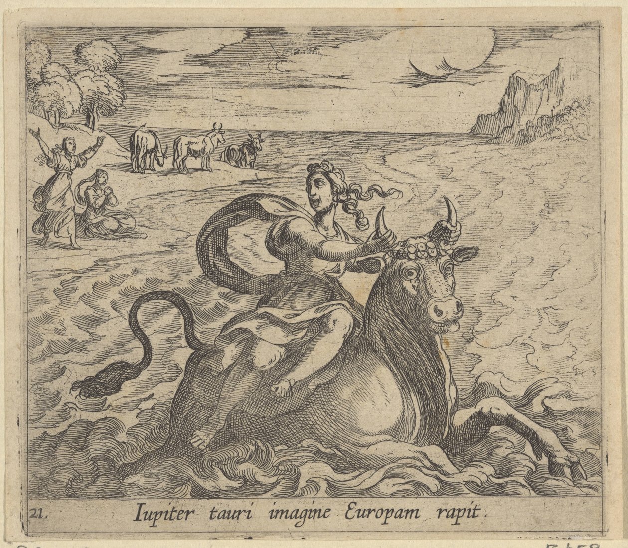 Furgoneta de techo Europa Júpiter captura a Europa en la imagen de un toro (título sobre objeto) Transformación del tamaño de Metamorphoseon (título de la serie) Metamorfosen van Ovidius (título de la serie) de Antonio Tempesta