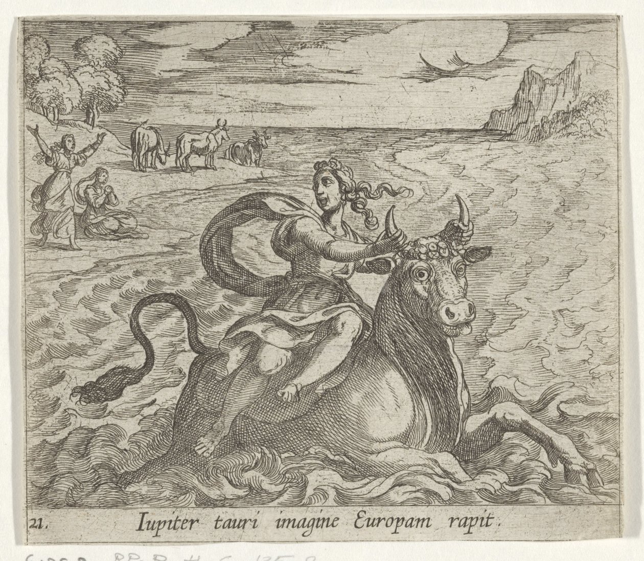 Furgoneta de techo Europa Júpiter captura a Europa en la imagen de un toro (título sobre objeto) Transformación del tamaño de Metamorphoseon (título de la serie) Metamorfosen van Ovidius (título de la serie) de Antonio Tempesta