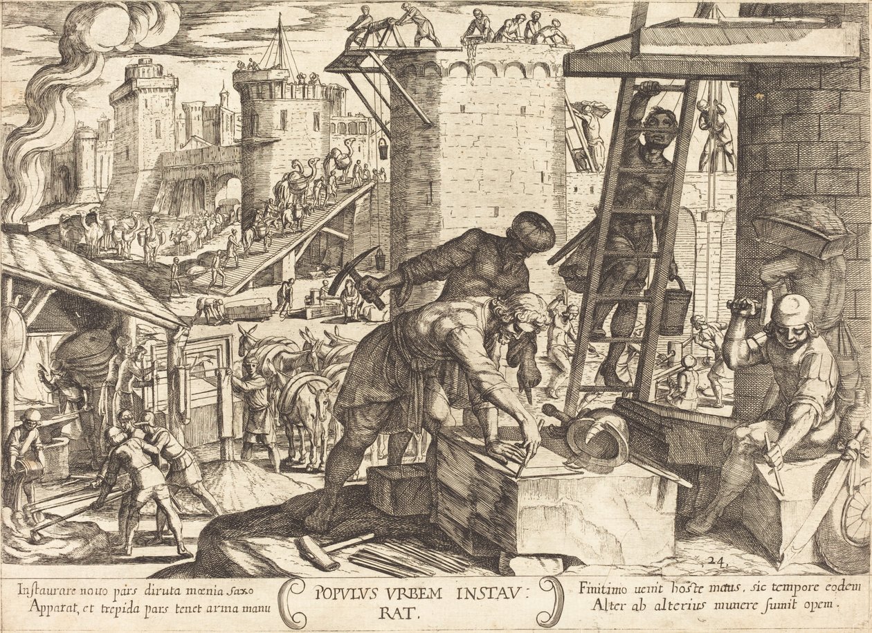 Los israelitas reconstruyen los muros de Jerusalén de Antonio Tempesta