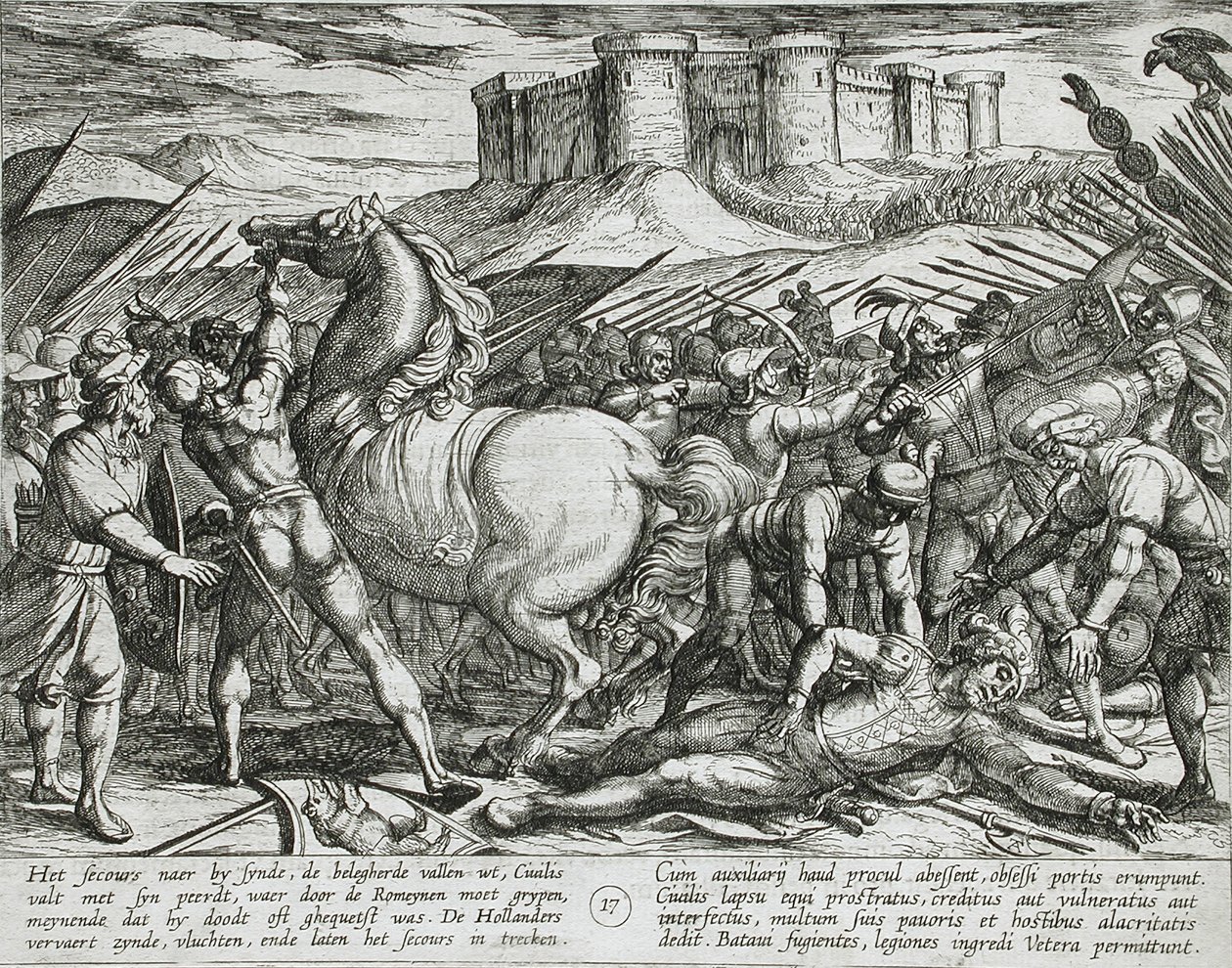Los romanos engañados por el caballo de Civilis, creyendo que estaba muerto o herido de Antonio Tempesta