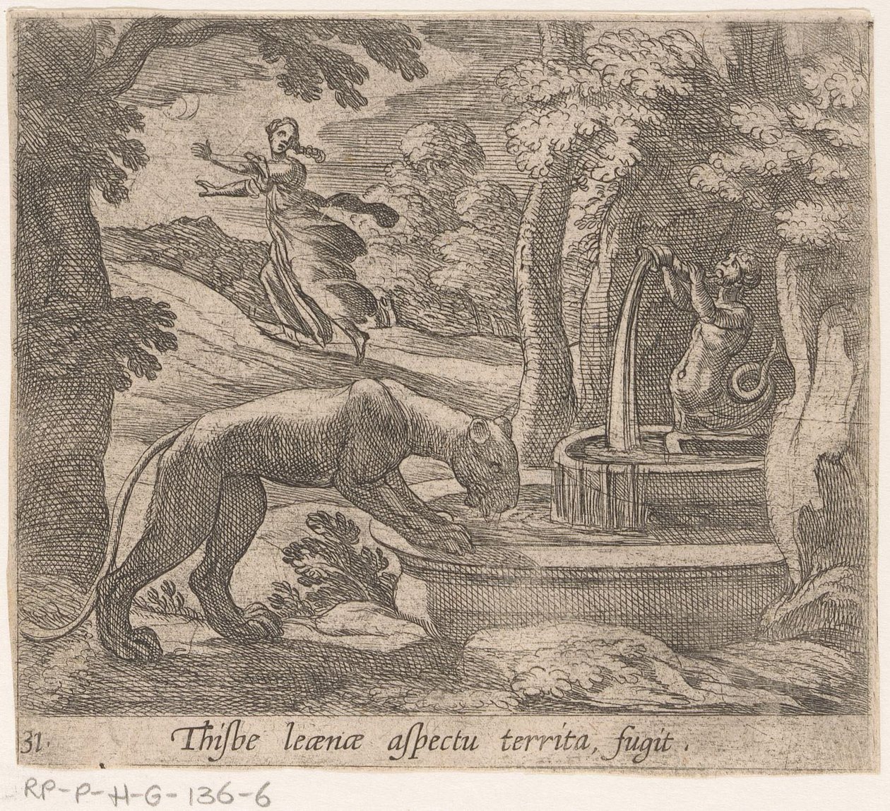 Thisbe vlucht voor the leeuwin by the bron Este aspecto del territorio fugit (título sobre objeto) Metamorfosis y transformación (título de la serie) Las metamorfosis de Ovidio (título de la serie) de Antonio Tempesta