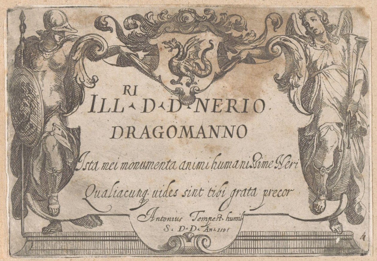 Impresión de título con cartela con dedicatoria, flanqueada por Minerva y Faam Escenas de caza (parte 1) (título de la serie) de Antonio Tempesta
