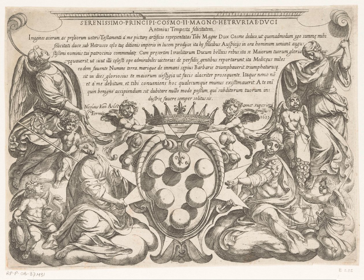 Grabado de título con dedicatoria y escudo de armas de Cosme II de