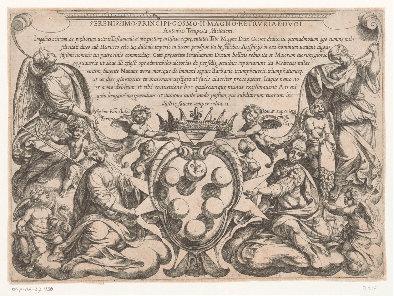 Grabado de título con dedicatoria y escudo de armas de Cosme II de