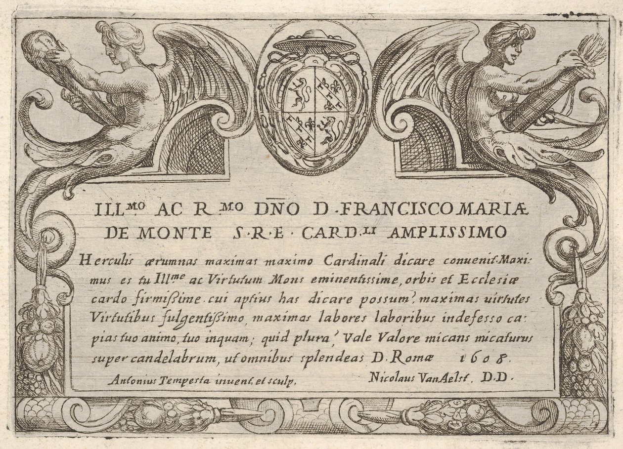 Placa de título para la serie Los trabajos de Hércules con los brazos del Cardenal Francesco Ma..., 1608 de Antonio Tempesta
