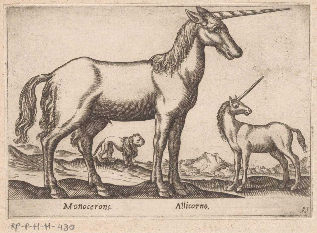 Dos unicornios y un león Monocerons/ Allicorno (título sobre objeto) Animales y criaturas míticas (título de serie) Nova raccolta de li animali piu curiosi del mondo (título de la serie) de Antonio Tempesta