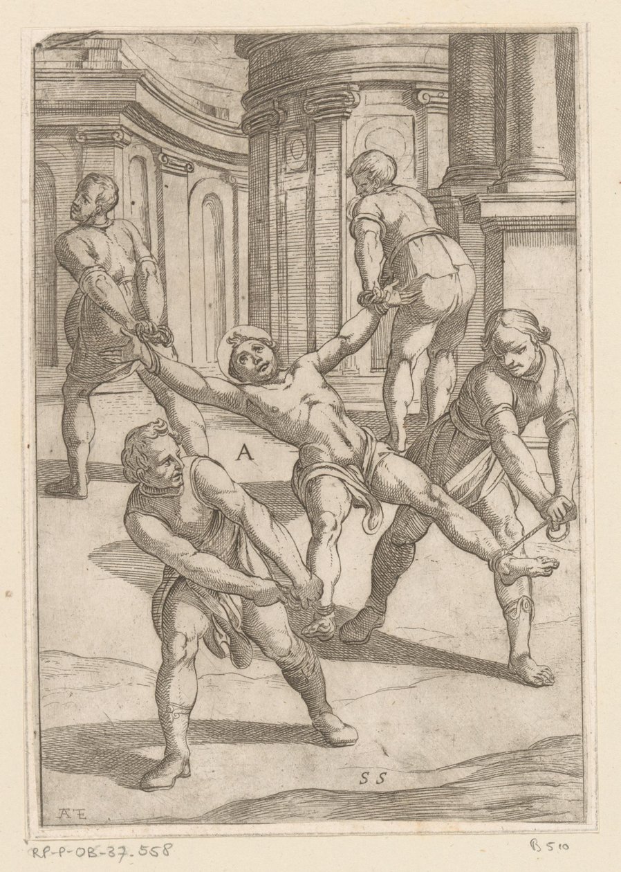 Cuatro hombres tiran de las extremidades de un santo Torturas sufridas por los mártires cristianos (título de la serie) Varia tormentorum et supplicioru rawlium (...) (título de la serie) de Antonio Tempesta