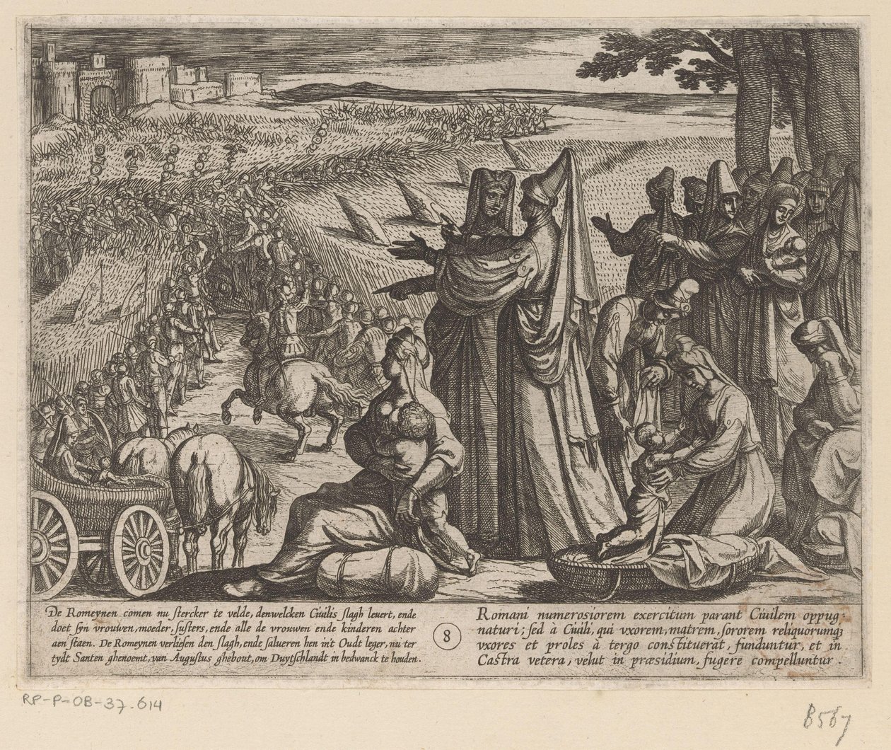 Mujeres y niños ven a Julius Civilis derrotar a los romanos Las guerras de Batavia contra los romanos (título de la serie) Batavorum cum Romanis Bellum (título de la serie) de Antonio Tempesta
