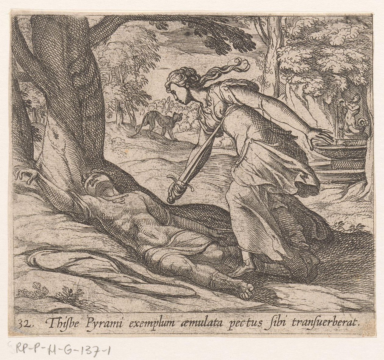 Zelfmoor van Tisbe Thijsbe había atravesado su pecho siguiendo el ejemplo de Pyramus (título sobre objeto) Metamorphoseon o transformaciones (título de la serie) Metamorfosen van Ovidius (título de la serie) de Antonio Tempesta