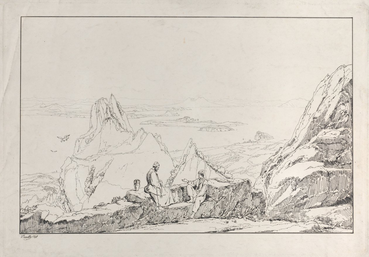 Paisaje montañoso con dos hombres en primer plano, 1828 de Antonio Vianello