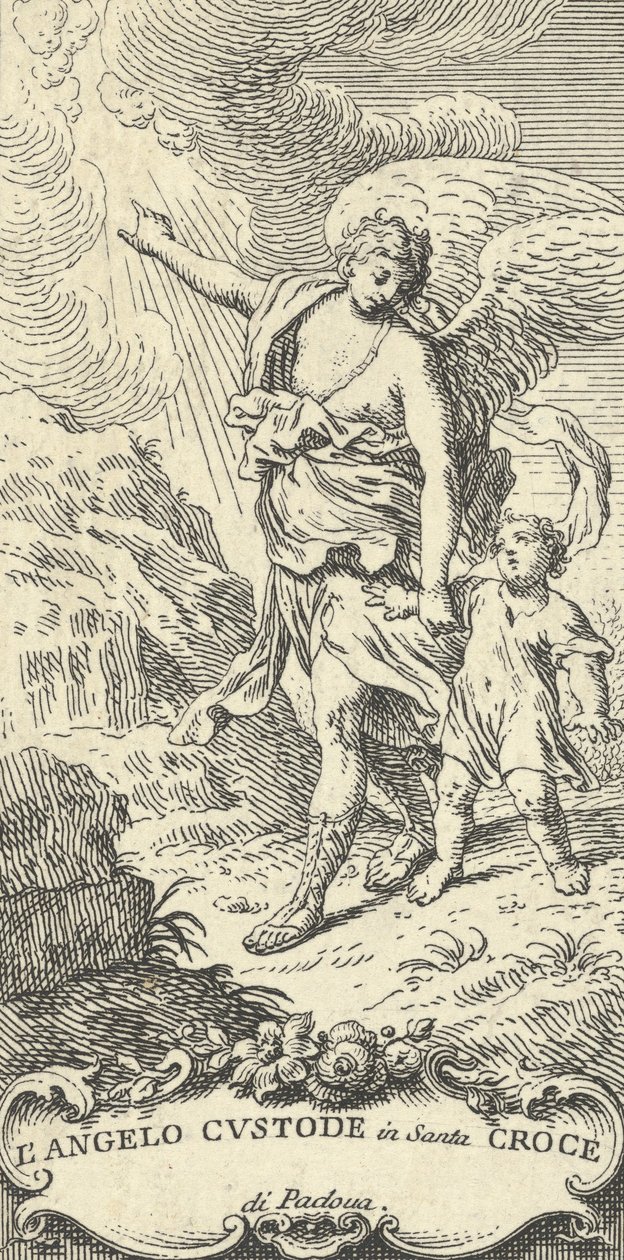 Un ángel guiando a un niño y señalando a las nubes de Antonio Visentini