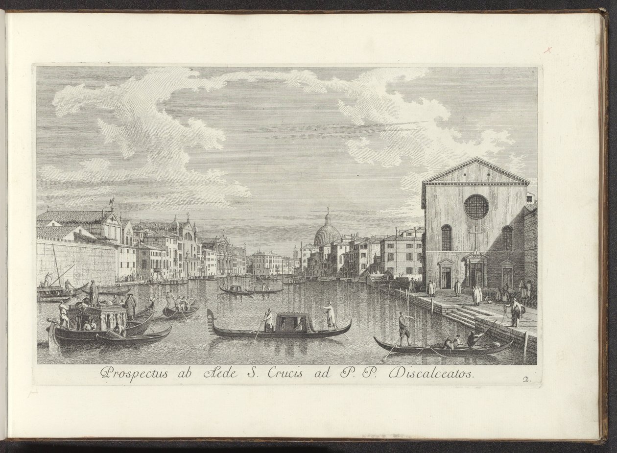 Gezicht op het Canal Grande, de Santa Maria di Nazareth y de San Simeone Piccolo te Veneti Vista desde el Templo de la Santa Cruz a P. Descalzo (título sobre objeto) Las vistas más famosas de la ciudad de Venecia, exprimidas por paneles de latón del Canal  de Antonio Visentini