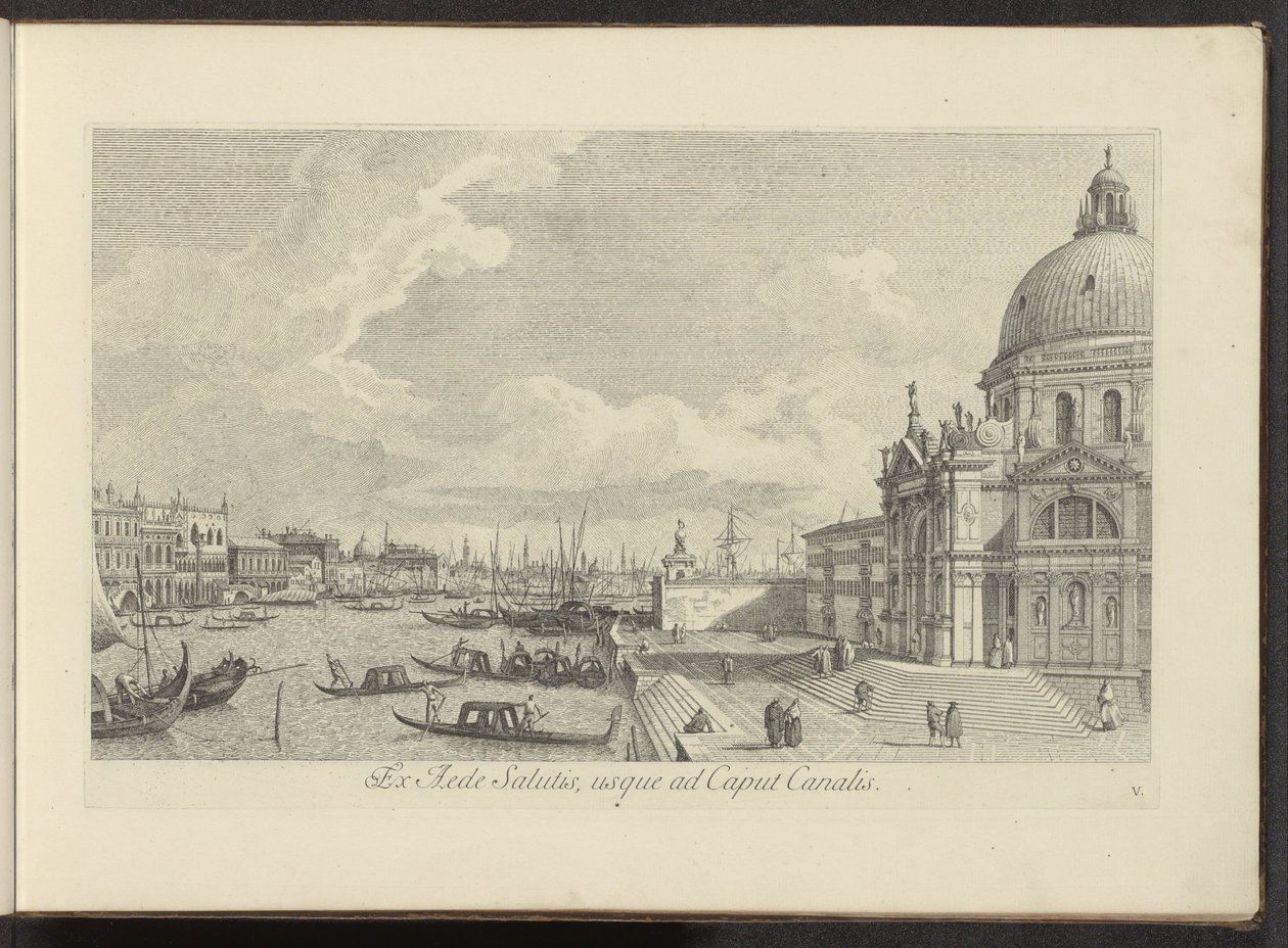 Gezicht op het Canal Grande en de Santa Maria della Saludos a usted Del Templo de la Seguridad a la Cabeza del Canal (título sobre objeto) Las vistas más famosas de la ciudad de Venecia, de las 38 pinturas de bronce del Canal de Antonio reproducidas por An de Antonio Visentini