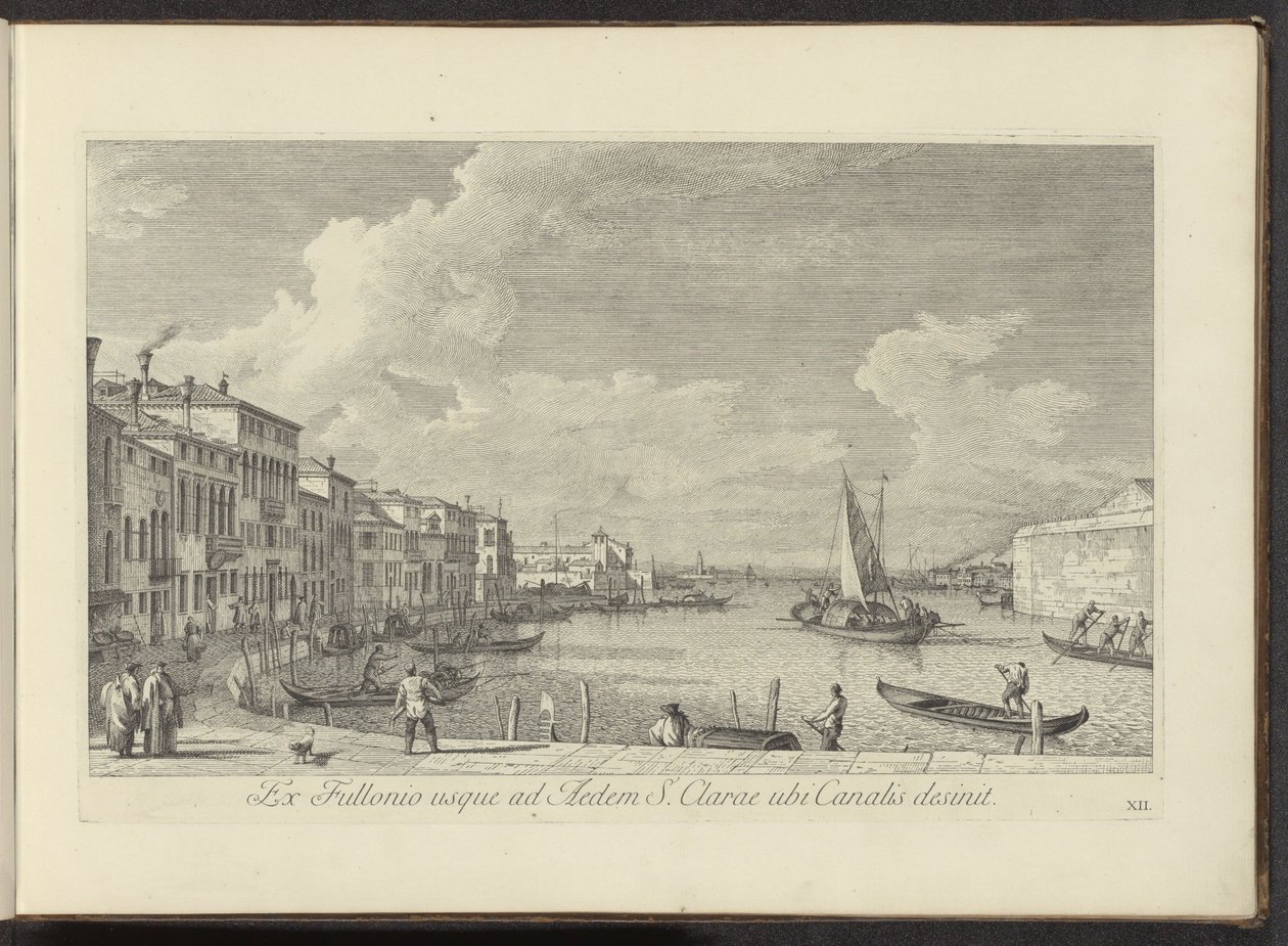 Gezicht op het Canal Grande en de kerk de Santa Chiara te Venetië Del Fuller al Templo de Santa Clara donde termina el canal (título sobre el objeto) Las vistas más famosas de la ciudad de Venecia, exprimidas por 38 paneles de latón de Antonio Vssentini en de Antonio Visentini