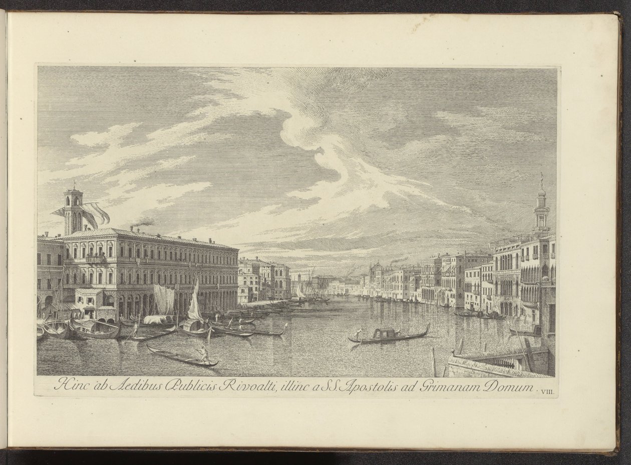 Gezicht op het Canal Grande te Venetië De allí a los Edificios Públicos de Rialto, y de otro a la SS. Los Apóstoles en casa de Grimana (título sobre objeto) Las vistas más famosas de la ciudad de Venecia, desde los 38 paneles de latón del Canal Antonio rep de Antonio Visentini