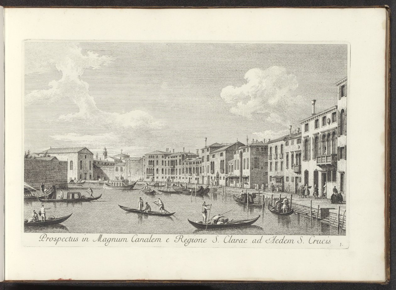 Gezicht op het Canal Grande te Venetië Vista del Gran Canal desde la Región de Santa Clara hasta el Templo de la Santa Cruz (título sobre el objeto) Las vistas más famosas de la ciudad de Venecia, de los 38 paneles de latón del Canal de Antonio reproducido de Antonio Visentini