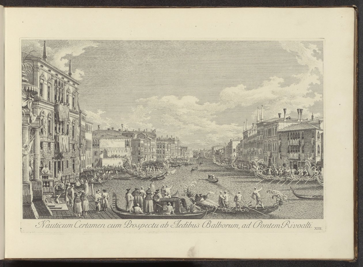 Gezicht op het Canal Grande te Venetië waar de Regata plaatsvindt La Batalla del Mar con el Prospecto del Balborus en el Puente del Rialto (título sobre el objeto) Las vistas más famosas de la ciudad de Venecia, de las 38 pinturas de bronce del Canal de An de Antonio Visentini