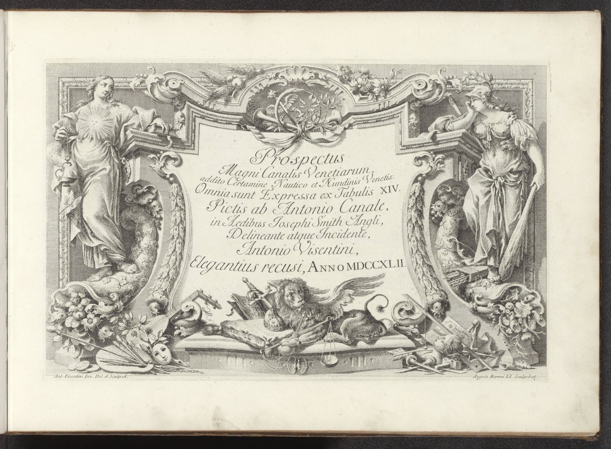 Impresión de título con cartela con Sabiduría y poder Vistas de los Grandes Canales de Venecia (título de la serie) Prospectus Magni Canalis Venetiarum (título de la serie sobre el objeto) de Antonio Visentini