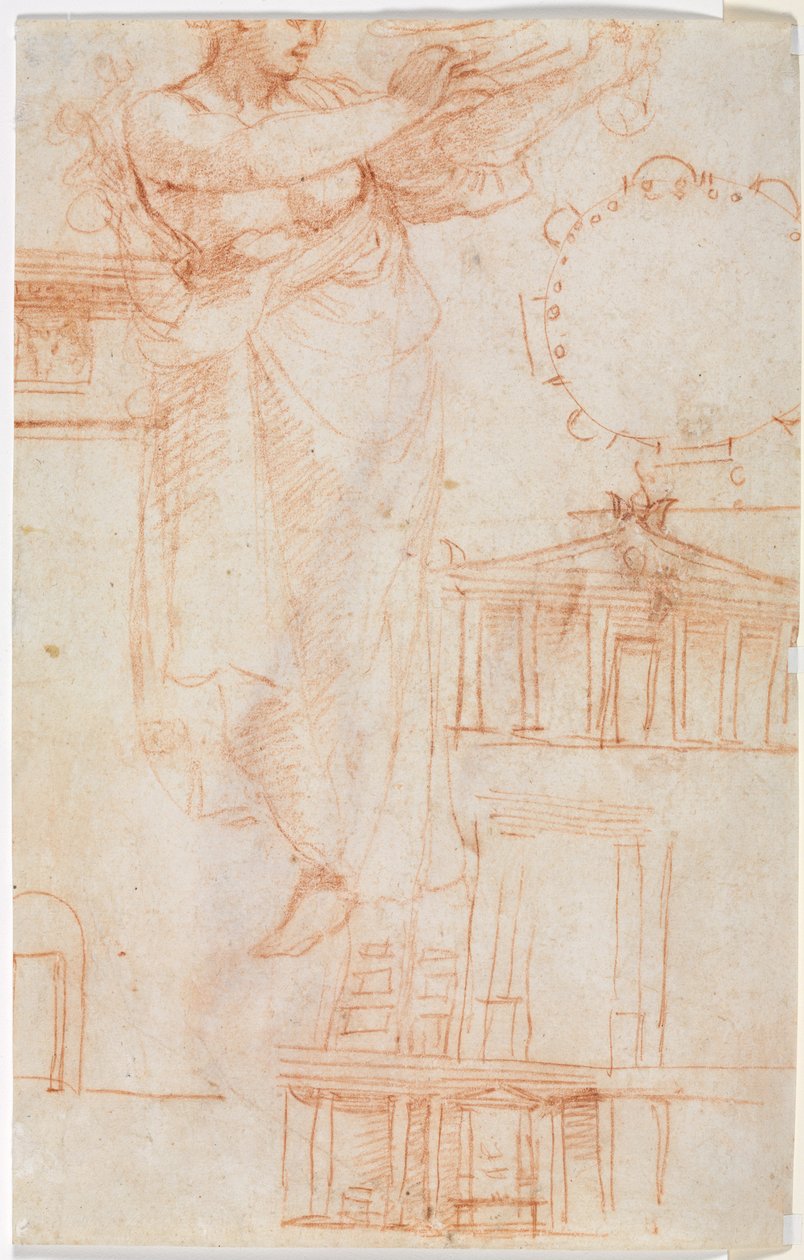 Figura femenina drapeada posiblemente una amazona y estudios arquitectónicos, c. 1525 de Antonio da Correggio