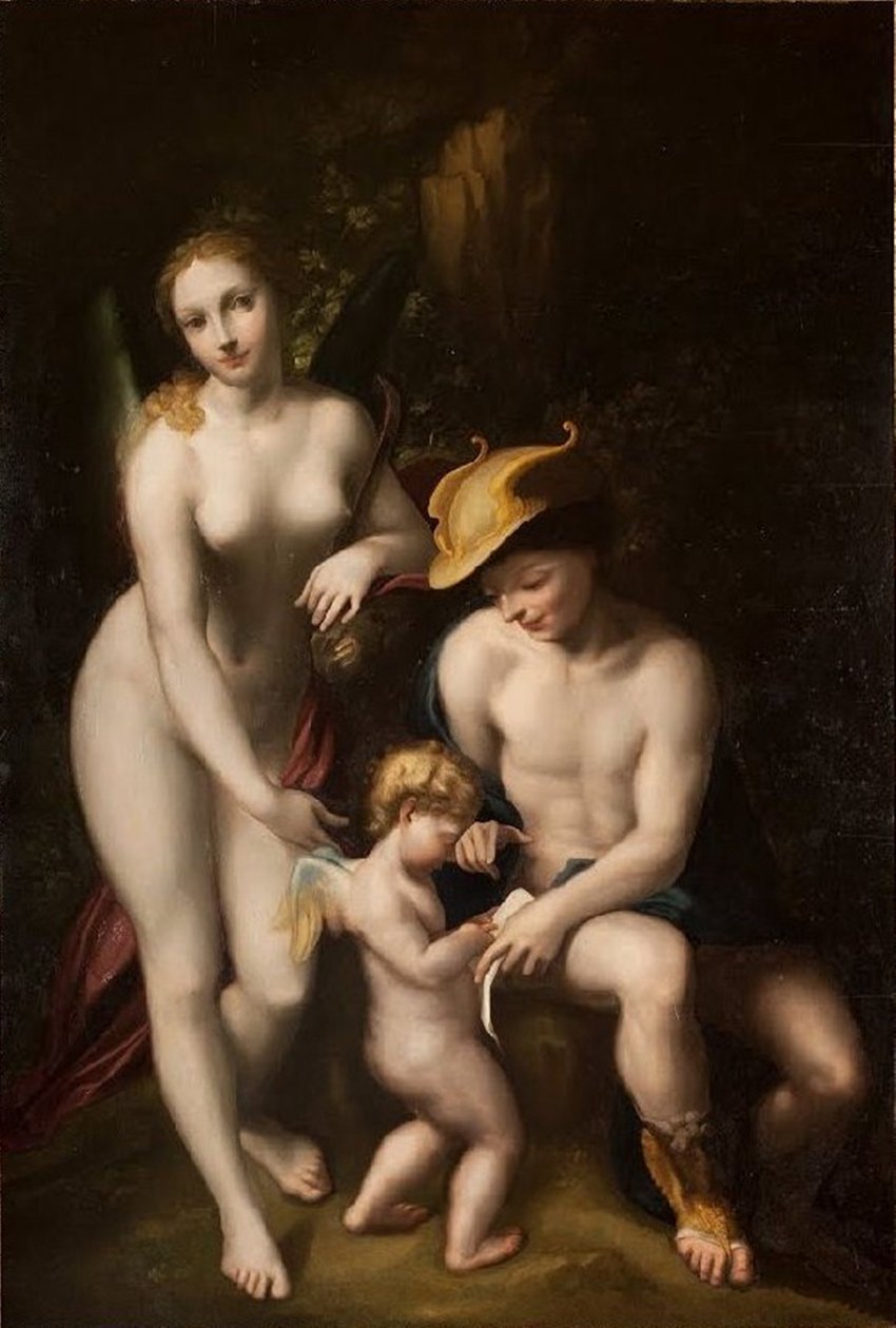 Venus con Mercurio y Cupido, La Escuela del Amor, de Antonio da Correggio, expuesta en el castillo de Chenonceau. de Antonio da Correggio
