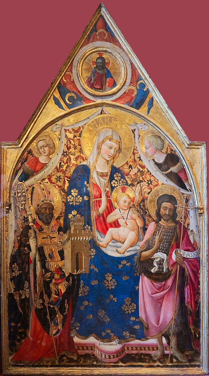 Virgen con el Niño en trono de santos


 Título alternativo:   Gonfalon Lado derecho: Virgen con el Niño, con un obispo, San Juan Bautista y ángeles. Parte superior: Cristo bendiciendo. Reverso: La Crucifixión con la Virgen María y San Juan. T de Antonio da Firenze