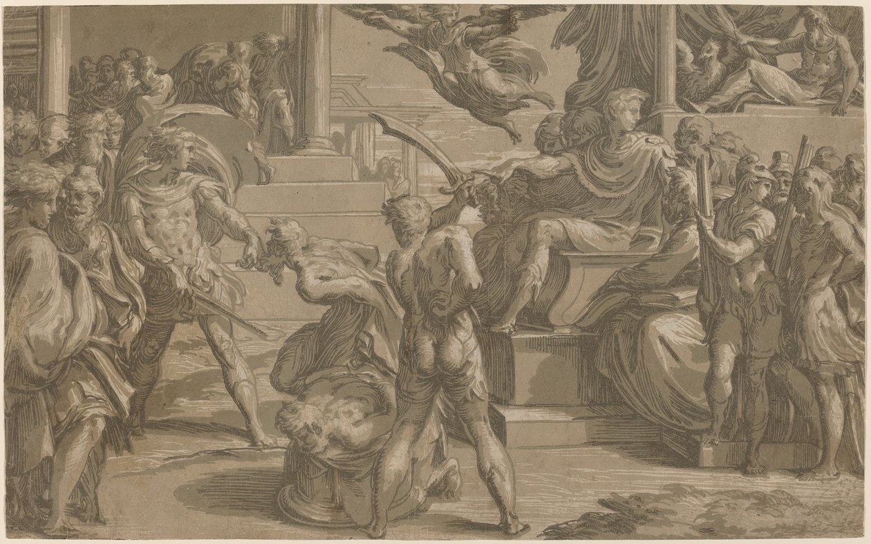 El Martirio de los Santos Pedro y Pablo [recto] de Antonio da Trento after Parmigianino