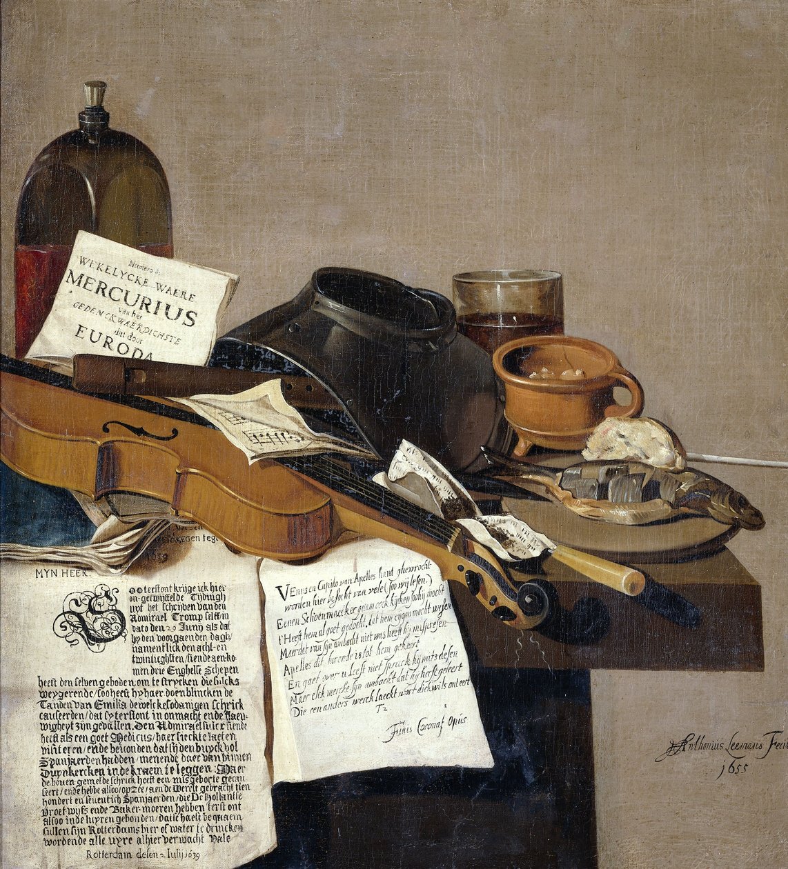 Naturaleza muerta con folletos, un violín, flauta, comida y folletos de Antonius Leemans