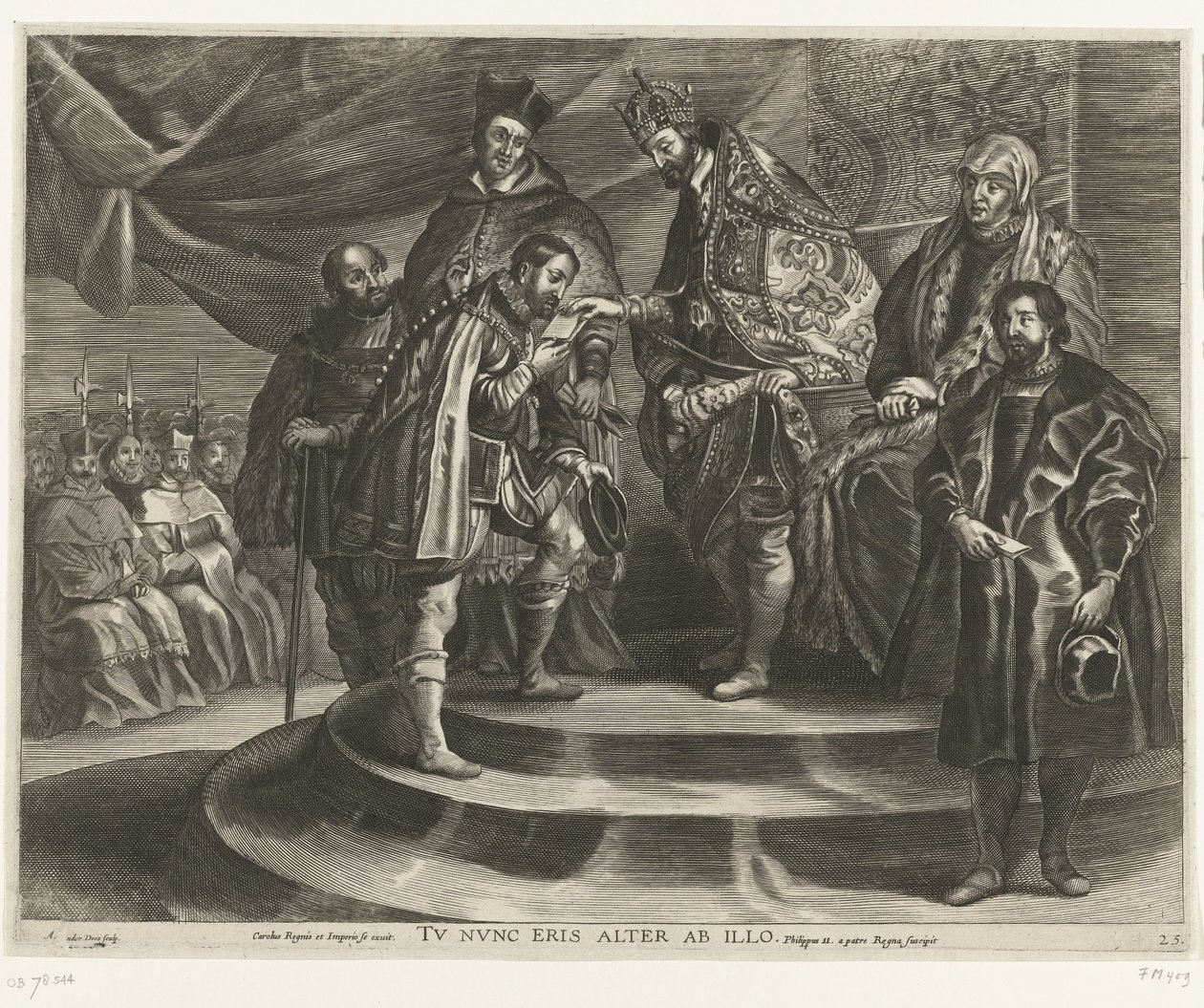 Troonsafsand van Karel V; intocht van Ferdinand te Gent en 1635 (blad 25) Carlos se despojó del Reino y del Imperio / Ahora serás segundo después de él / Felipe II toma el Reino de su padre (título sobre objeto) de Antony van der Does