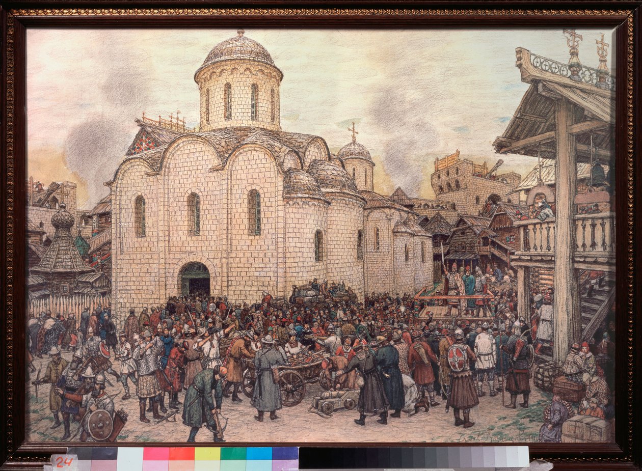 La invasión de Moscú por el Khan Tokhtamych (Toqtamych) (fallecido en 1406), en 1382 (Toma de la ciudad por la Horda de Oro) - Obra de Appolinari Mikhaylovich Vasnetsov (1856-1933), acuarela y carboncillo sobre papel de Apollinari Mikhailovich Vasnetsov