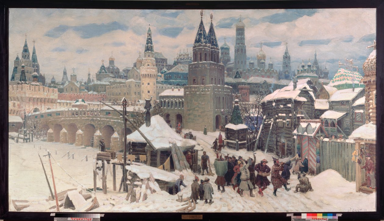 Moscú en el siglo XVII, el Puente de Todos los Santos - Pintura de Appolinari Mikhaylovich Vasnetsov (1856-1933), óleo sobre lienzo de Apollinari Mikhailovich Vasnetsov