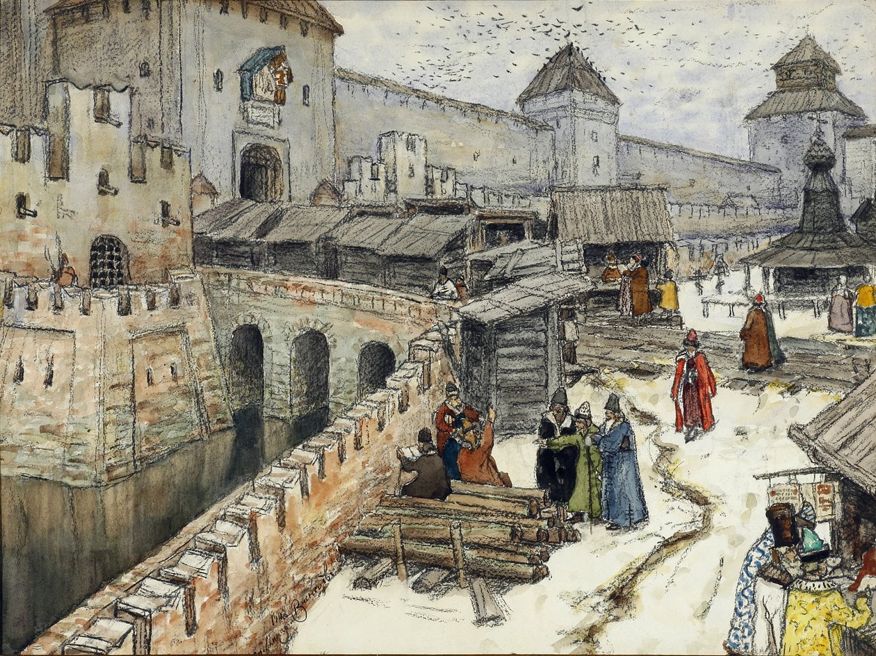 Moscú en el siglo XVII. Librerías en el Puente del Cristo Salvador, 1902 de Apollinari Mikhailovich Vasnetsov