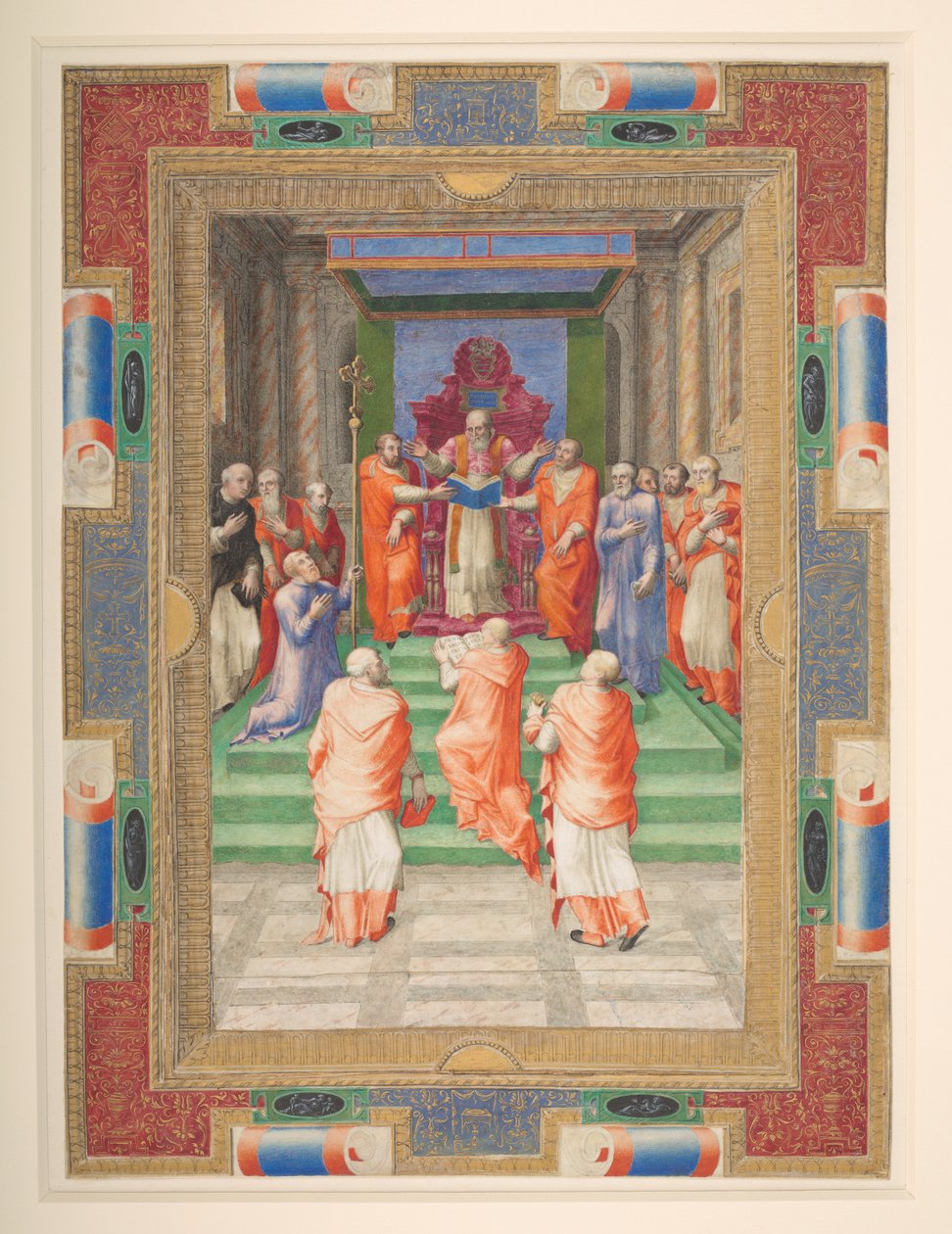 Una ceremonia papal, Pablo IV de pie frente al trono papal, Add. MS 35254 Q, c.1555-59 (vitela) de Apollonio di Bonfratelli