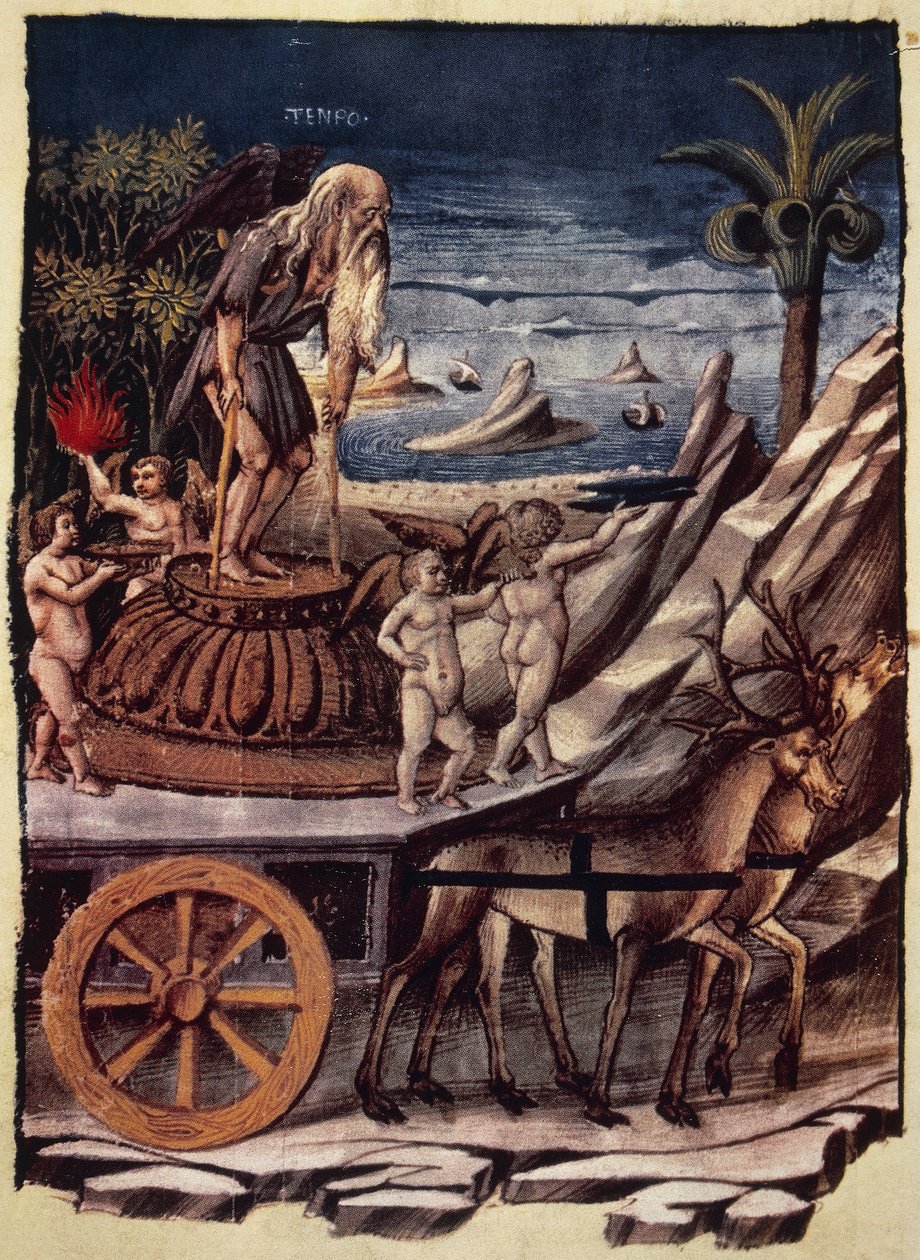 El triunfo del Tiempo, el carro del Tiempo tirado por ciervos, miniatura de Apollonio di Giovanni del poema alegórico Triunfos de Francesco Petrarca de Apollonio di Giovanni di Tommaso