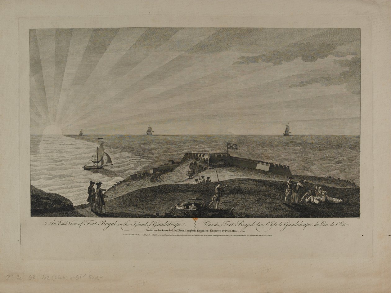 Vista Este de Fort Royal en la Isla de Guadalupe, grabado por Peter Mazell, publicado c.1759 de Archibald Campbell
