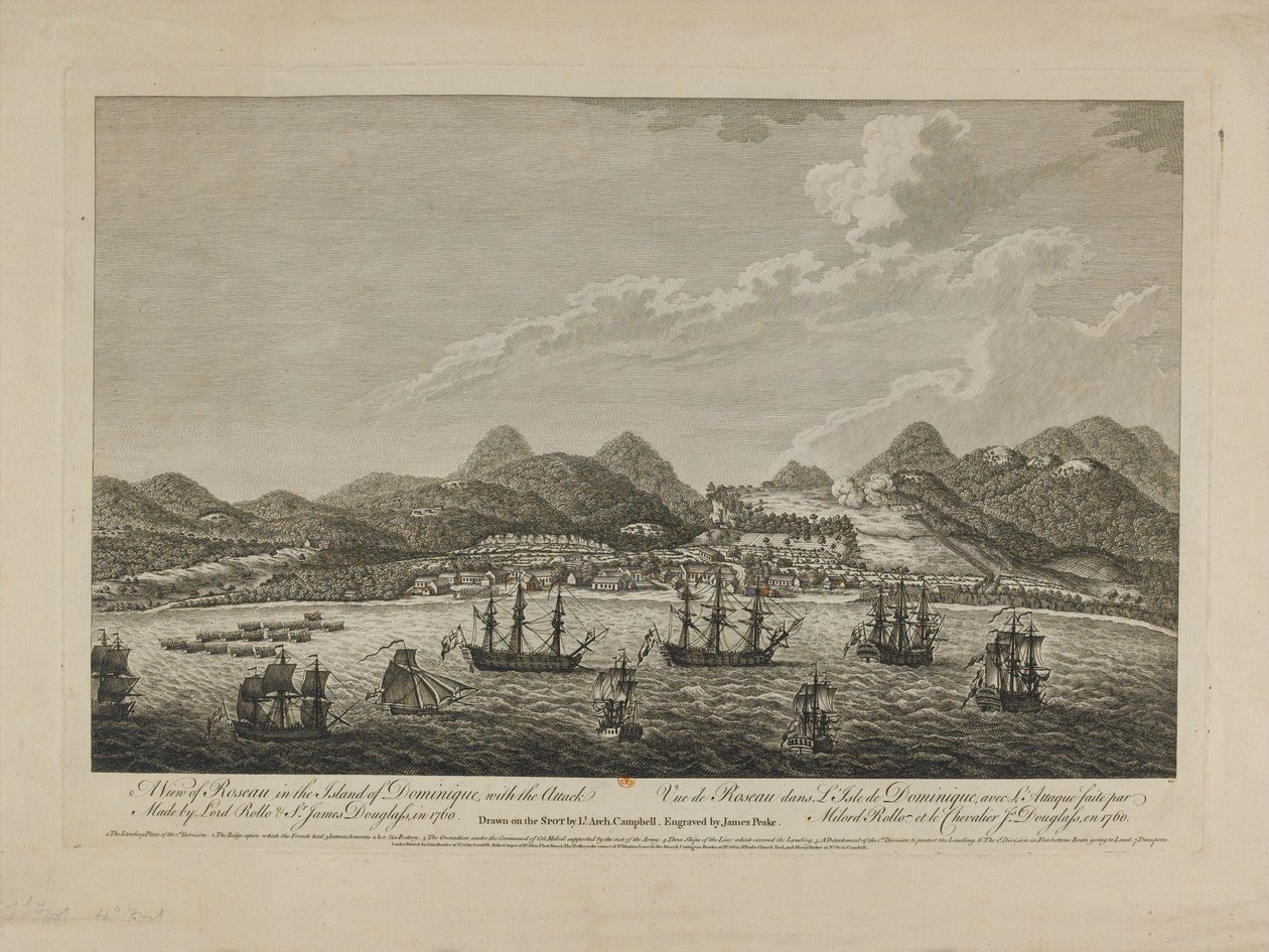 Vista de Roseau en la isla de Dominica, con el ataque de 1760 realizado por Lord Rollo y Sir James Douglas, 1760, grabado por Benazech, publicado 1761 de Archibald Campbell