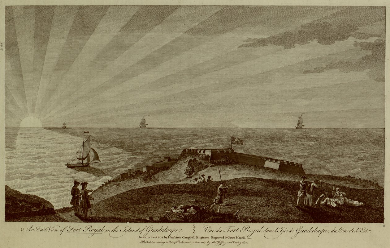Un grupo de soldados descansa en la cima de una colina en primer plano, con Fort Royal más allá, veleros y la puesta de sol en el mar al fondo. de Archibald (after) Campbell