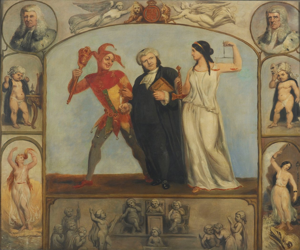 pintura; óleo sobre lienzo - Retrato de Renton Nicholson con escenas y figuras alegóricas de Archibald Henning
