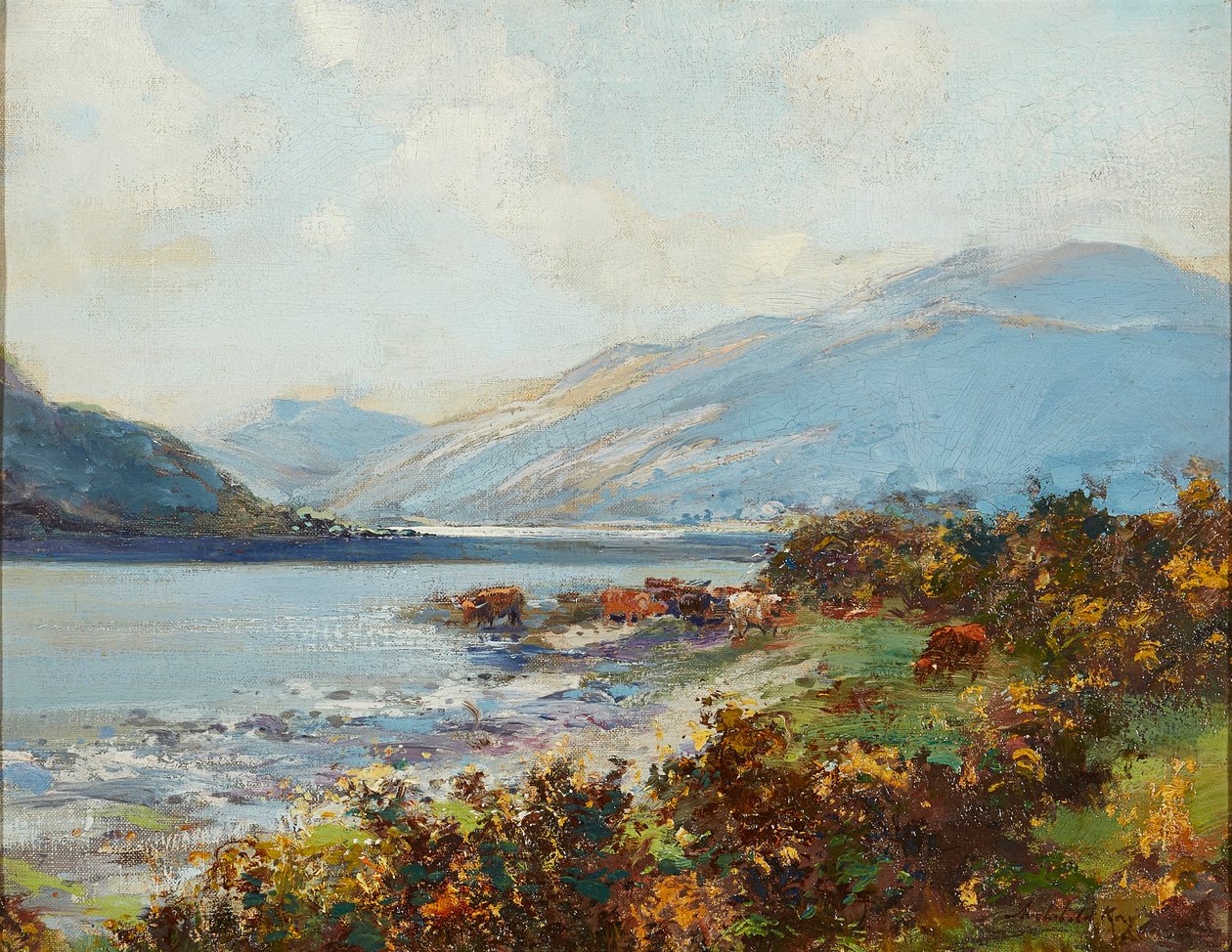 Escena de las Tierras Altas con ganado abrevando ( óleo sobre lienzo) de Archibald Kay