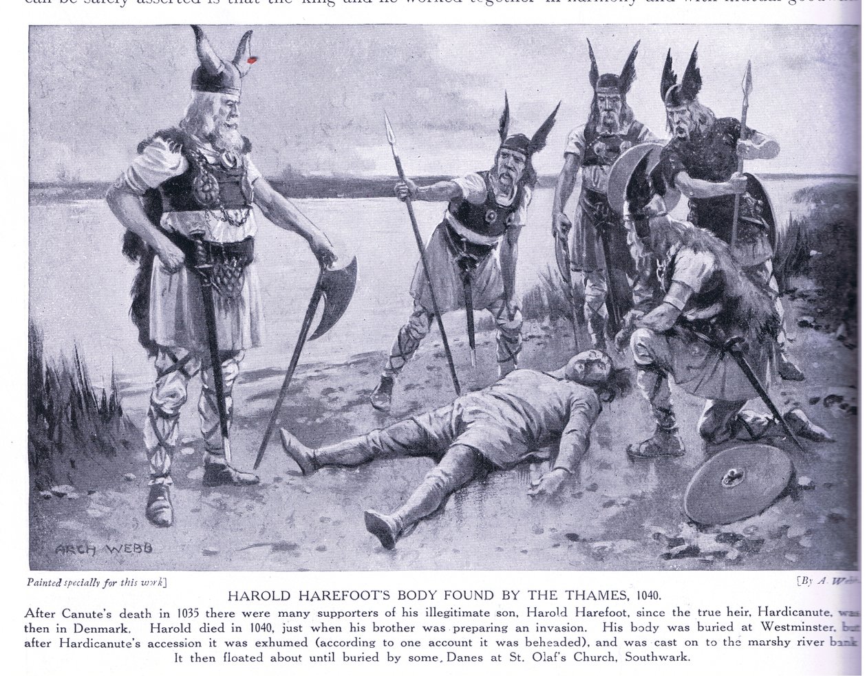 El cuerpo de Harold Harefoot encontrado por el Támesis AD1040, años 1920 de Archibald Webb