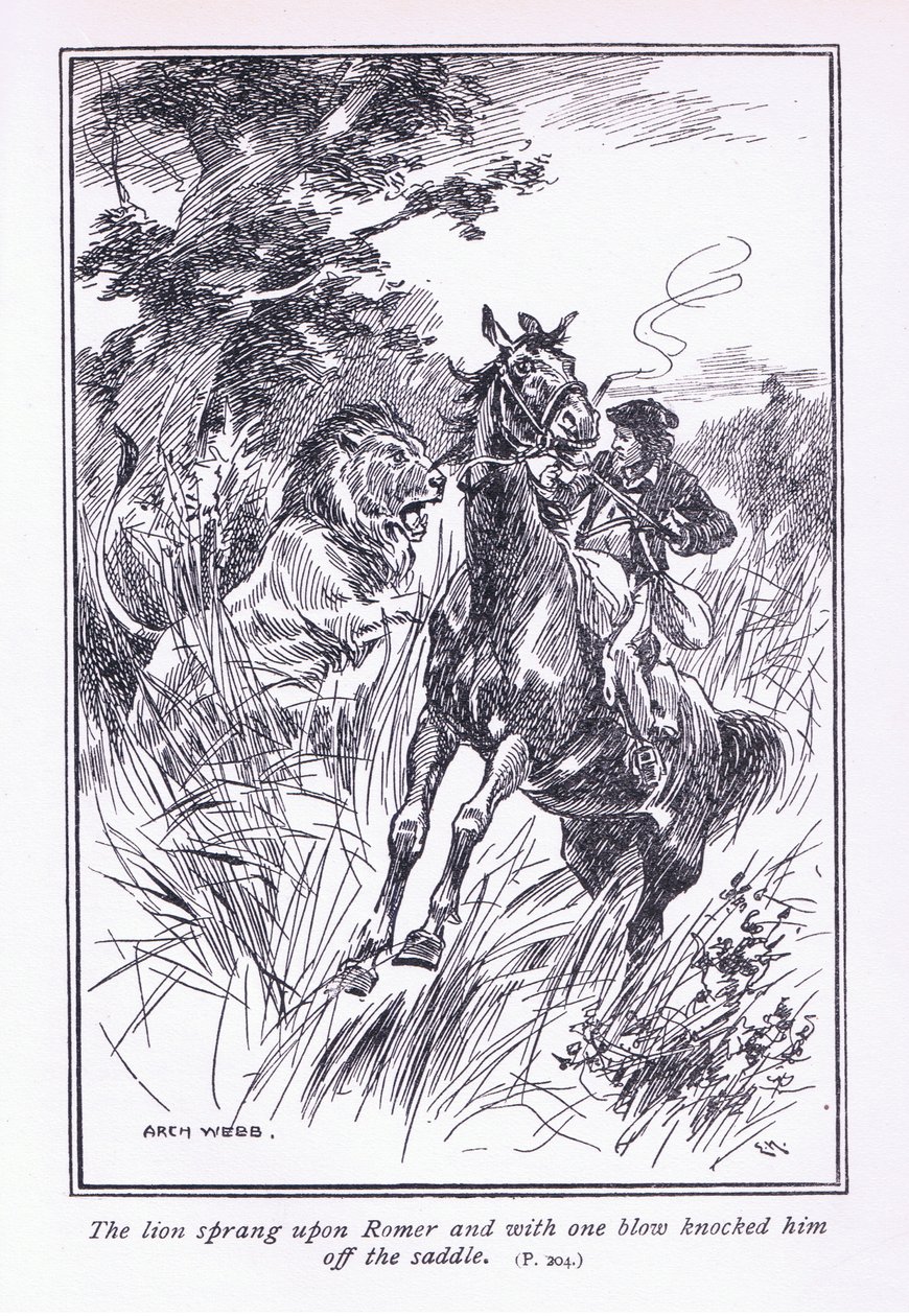 El león saltó sobre Romer y de un golpe lo derribó de su silla, 1900s de Archibald Webb