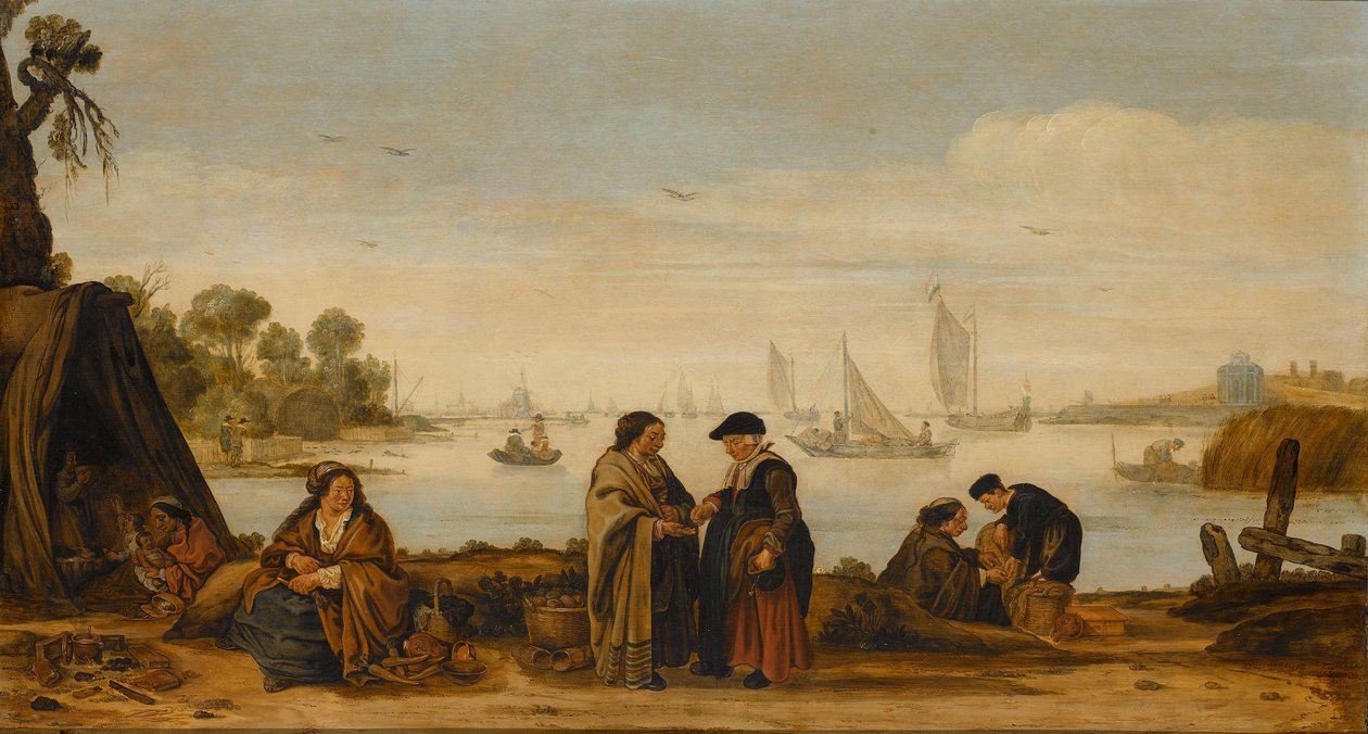 Paisaje fluvial con mujeres palmeras de Arent Arentsz