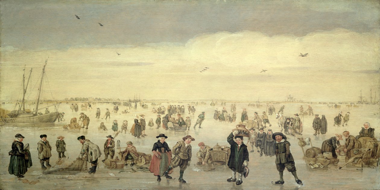 Escena invernal con numerosas figuras sobre el hielo, c.1600-31 (óleo sobre tabla) de Arent Arentsz
