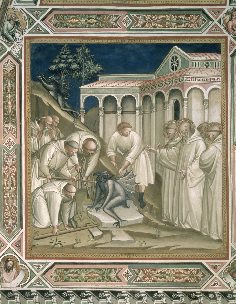 La piedra pesada (detalle) de la vida de San Benito (c.480-c.550), en la sacristía, 1387 de Aretino Luca Spinello or Spinelli