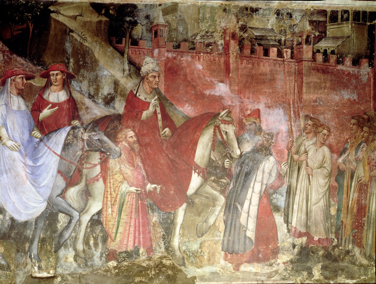 La Historia del Papa Alejandro III (1105-81): La Entrada del Papa y el Emperador Federico Barbarroja (c.1123-90) en Roma (detalle) de Aretino Luca Spinello or Spinelli