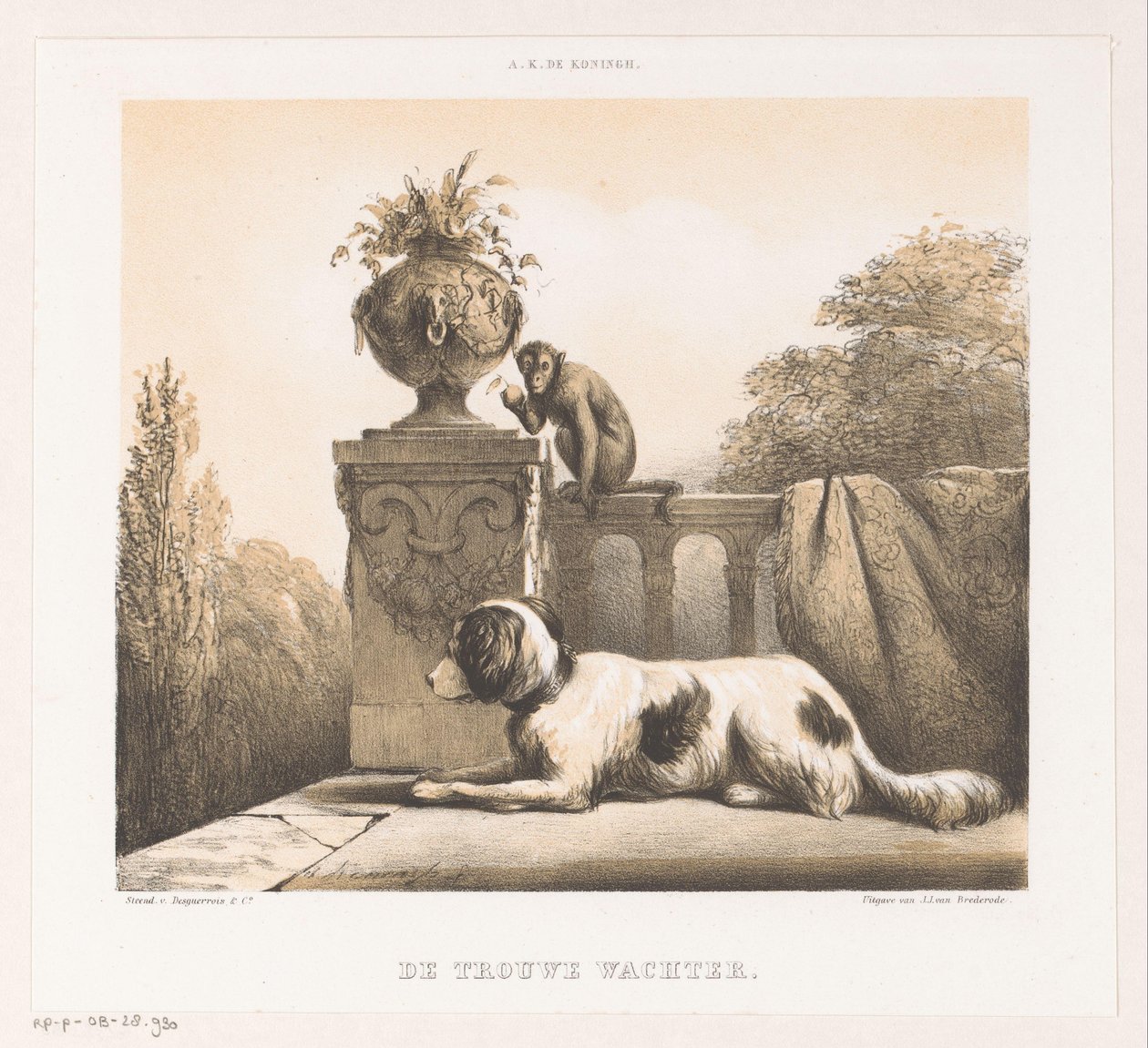 Perro y mono en la terraza The Faithful Watchman (título sobre el objeto) de Arie Ketting de Koningh