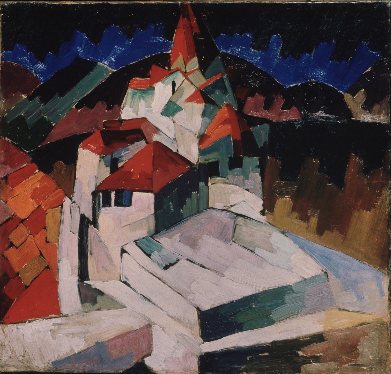 Iglesia en Kislovodsk (Cáucaso del Norte, Rusia) (Iglesia en Kislovodsk). Descripción cubista del edificio religioso en un paisaje. Pintura de Aristarkh Vasiliyevich Lentulov (Lentulov) (1882-1943), óleo sobre lienzo de Aristarkh Vasilievic Lentulov